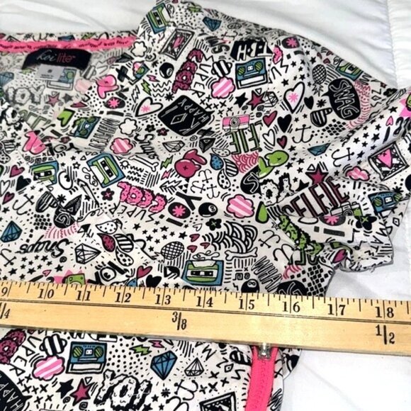 Koi Lite Womens Scrub Top S White Pink Fun Print Short Sleeves Zipper Pockets - Picture 8 of 8